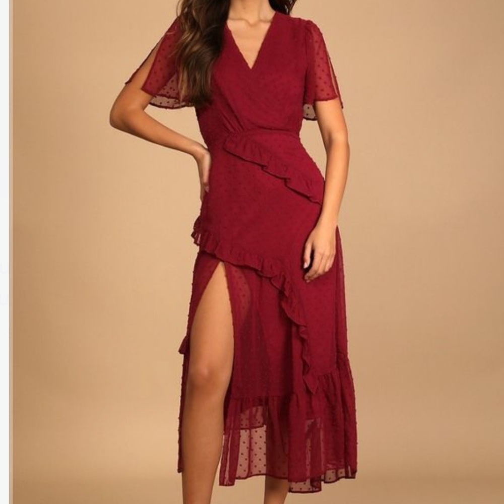 NWT- Lulu’s Next to You Burgundy Plum Swiss Dot Ruffled Midi Dress Sz XL